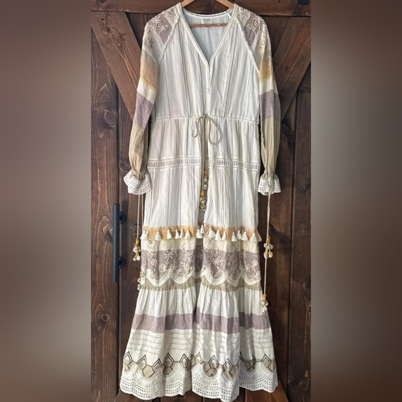 HEMANT & NANDITA Dresses & Skirts - Hemant & Nandita Cream Embroidered Bohemian Maxi Dress with Tassels 100% Cotton